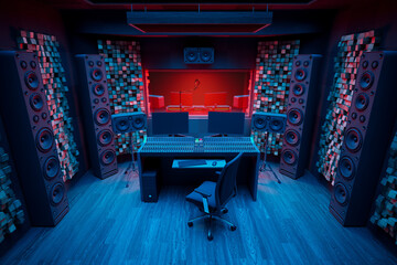 Contemporary Recording Studio with Vibrant Blue Red Lighting Design
