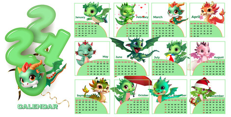 2024 calendar with cute cartoon dragons