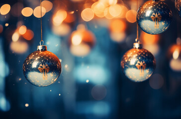 Christmas balls on wooden table and bokeh lights on background.