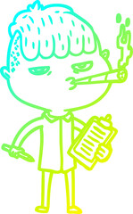 cold gradient line drawing of a cartoon salesman smoking