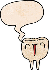 cartoon happy tooth with speech bubble in retro texture style