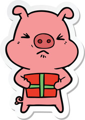 sticker of a cartoon angry pig with christmas present