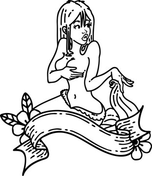 tattoo in black line style of a pinup mermaid with banner