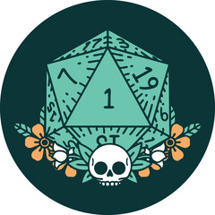 icon of natural one dice roll with floral elements