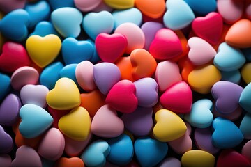 Fototapeta na wymiar Background of brightly colored candy hearts for Valentine's Day. Valentines day creative concept. Flat lay, top view.