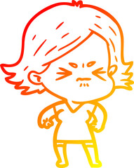 warm gradient line drawing of a cartoon angry woman