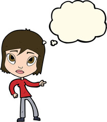 cartoon pointing woman with thought bubble