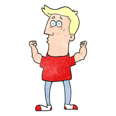 freehand textured cartoon surprised man flexing biceps