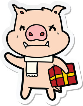 sticker of a angry cartoon pig with christmas gift