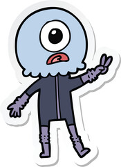 sticker of a cartoon cyclops alien spaceman giving peace sign