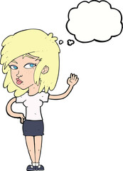 cartoon pretty woman waving with thought bubble