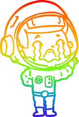 rainbow gradient line drawing of a cartoon crying astronaut