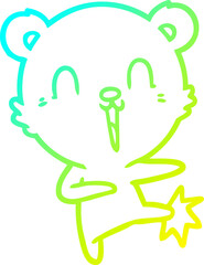 cold gradient line drawing of a happy cartoon polar bear kicking