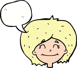 cartoon happy female face with speech bubble