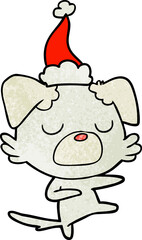 hand drawn textured cartoon of a dog wearing santa hat