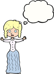 cartoon worried victorian woman with thought bubble