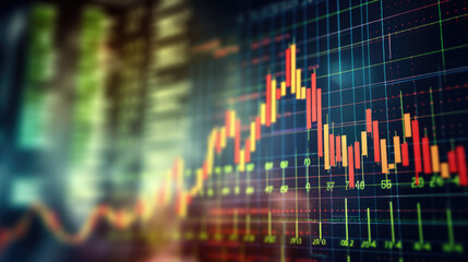 Close-up of a financial trading screen displaying market data with various colored candlestick charts, numerical values, and trend lines indicating stock performance.