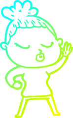 cold gradient line drawing of a cartoon calm woman