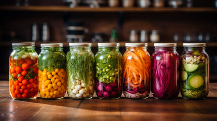 Homemade pickles, canned food. Fermented farmed vegetables homemade in jars on table - obrazy, fototapety, plakaty