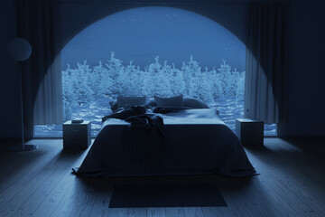 3d rendering of cosy bedroom with arch window and view to the winter landscape