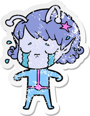 distressed sticker of a cartoon crying alien girl