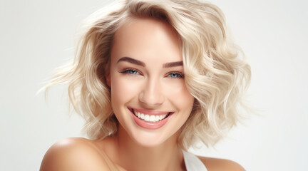 Portrait of young happy woman. Skin care beauty, skincare cosmetics, dental concept. Isolated over white background.