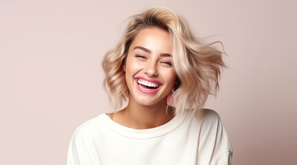 Portrait of young happy woman. Skin care beauty, skincare cosmetics, dental concept. Isolated over bright pink background.