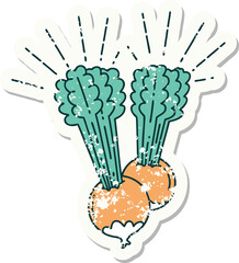 worn old sticker of a tattoo style beets with leaves
