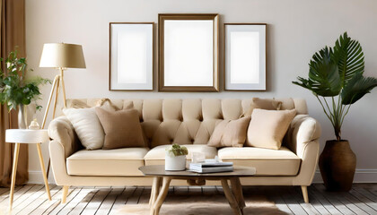 Fototapeta na wymiar Frames mockup, beige couch and frames mockup, living room photo mockup, picture frame template