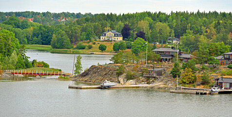 Stockholm archipelago, largest archipelago in Sweden, and second-largest archipelago in Baltic Sea. Summer landscape with luxury houses