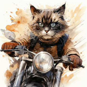 Watercolor Siamese cat riding motorcycle, clipart Illustration, Generative Ai