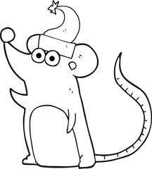 freehand drawn black and white cartoon mouse christmas hat