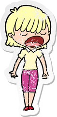distressed sticker of a cartoon woman talking loudly