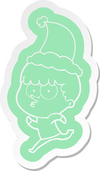 quirky cartoon  sticker of a curious boy running wearing santa hat