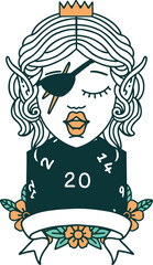 Retro Tattoo Style elf rogue character with natural twenty dice roll