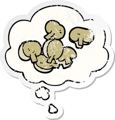 cartoon chopped mushrooms with thought bubble as a distressed worn sticker