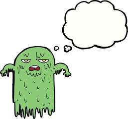 cartoon slimy ghost with thought bubble