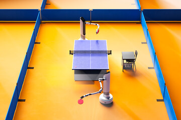Advanced Robotic Arm Engaged in Competitive Table Tennis Match - obrazy, fototapety, plakaty