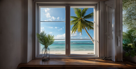 window with a view of the ocean palm trees, view of the sea from the window