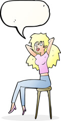 cartoon woman posing on stool with speech bubble