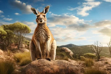 Foto auf Acrylglas Antireflex Kangaroo in open field during a golden sunset © evgenia_lo