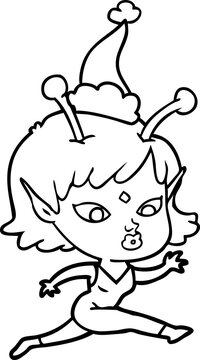 pretty hand drawn line drawing of a alien girl running wearing santa hat