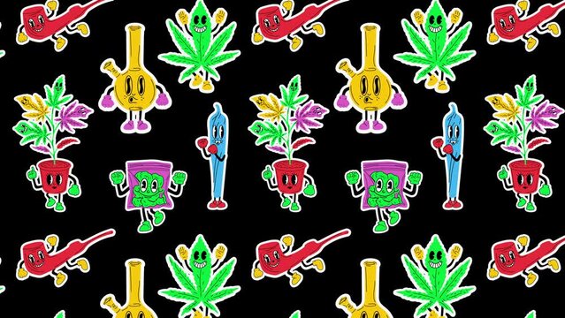 Set of stickers Cartoon mascot character. Medical cannabis animation Loop Background. Video flat cartoon animation design element. 4K video footage