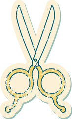 iconic distressed sticker tattoo style image of barber scissors