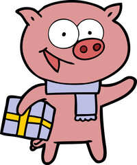 cheerful pig with christmas gift