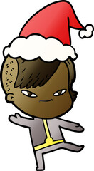 cute hand drawn gradient cartoon of a girl with hipster haircut wearing santa hat
