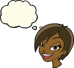 cartoon pretty female face with thought bubble