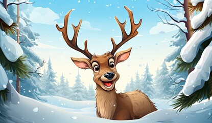 cartoon reindeer out of trees in the snow Generative AI