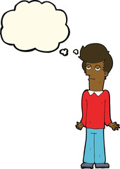 cartoon bored man shrugging shoulders with thought bubble