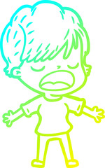 cold gradient line drawing of a cartoon woman talking